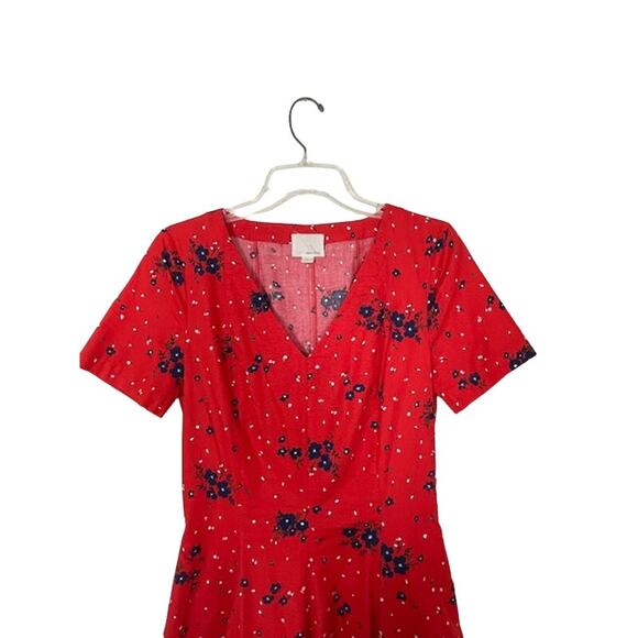 Band Of Outsiders Twee Red Mini Dress Blue Floral Print Cotton V Neck Full Skirt - Picture 8 of 13